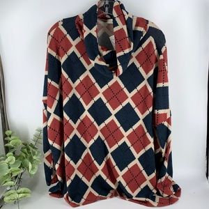 New Boutique Navy Rust Argyle Soft Cowl Neck Tunic